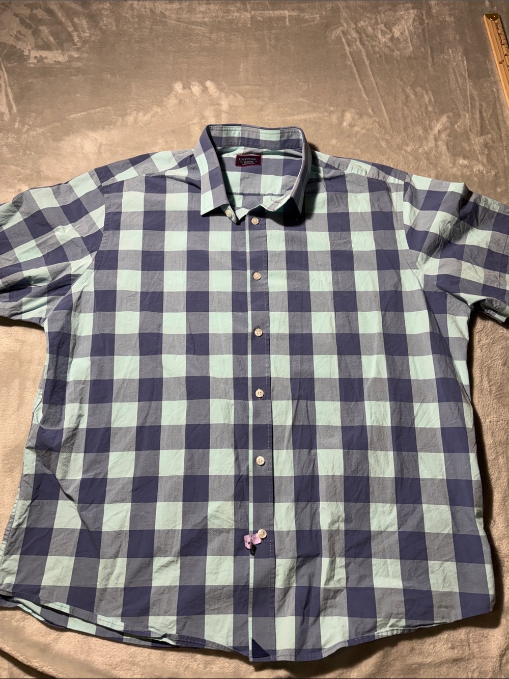 UNTUCKit Mens XXL 2XL Short Sleeve Button Down Shirt Blue Mint Plaid Cotton